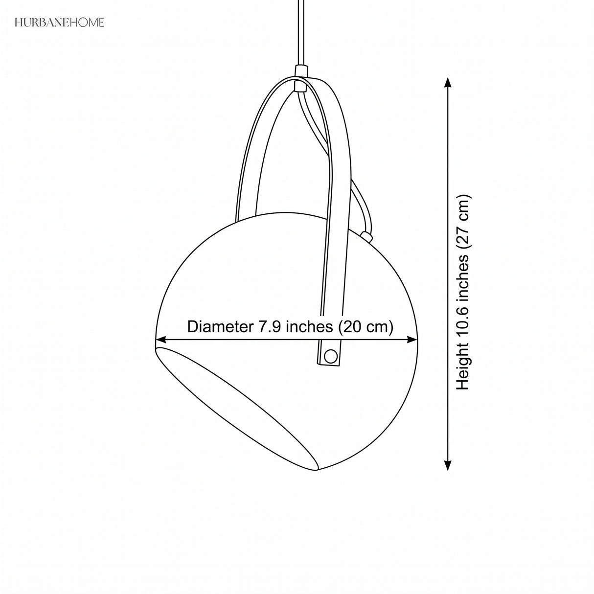 Line drawing of the small ball pendant, 7.9 inch diameter x 10.6 inch height