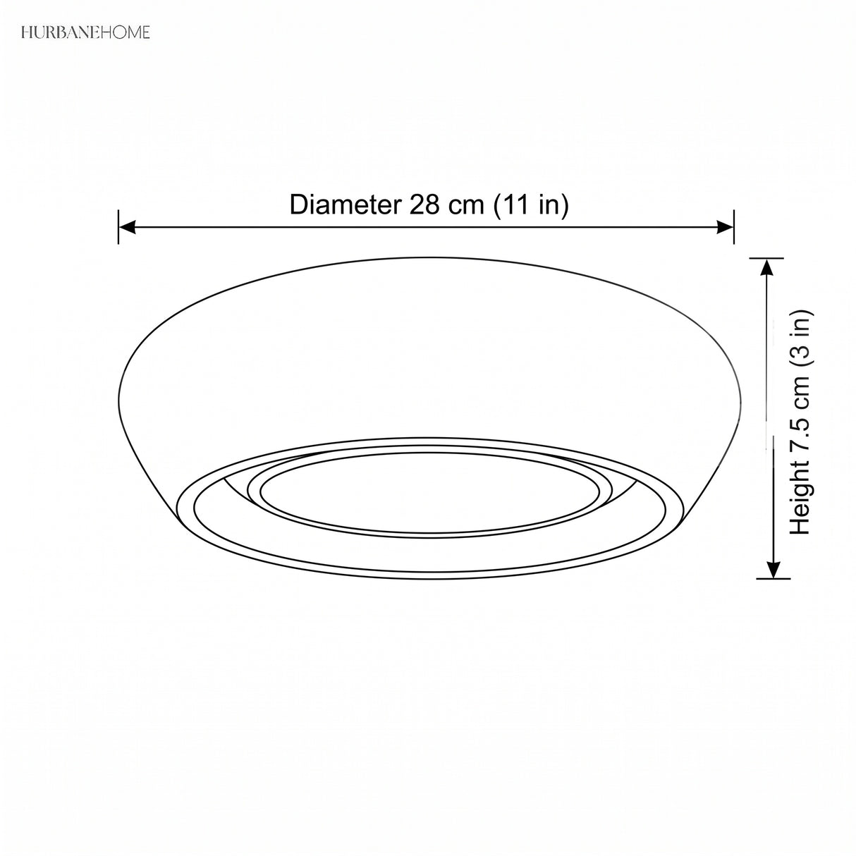 Dimension diagram showing 28 cm 11 inch diameter and 7.5 cm 3 inch height