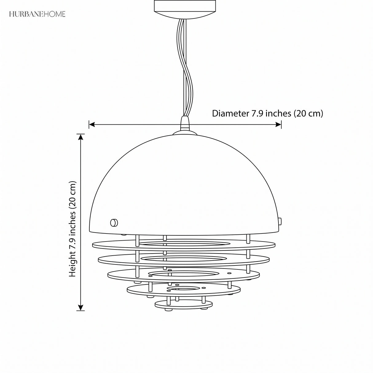 Line drawing of the dome pendant with four stacked rings, 7.9 inch diameter by 7.9 inch height