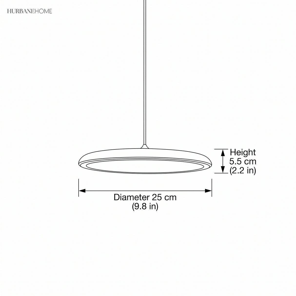 Dimension diagram of the disc pendant, 9.8 inch diameter and 2.2 inch height