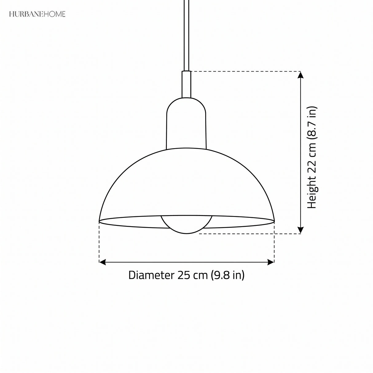 Dimension drawing of the small bowl pendant, 9.8 inch diameter by 8.7 inch height