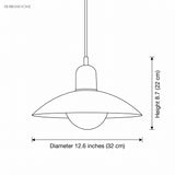 Line drawing of pendant light diameter 12.6 inches and height 8.7 inches
