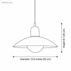 Line drawing of pendant light diameter 12.6 inches and height 8.7 inches