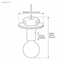 Dimension diagram of the wood pendant light showing 7.5 inch diameter and 13.4 inch height