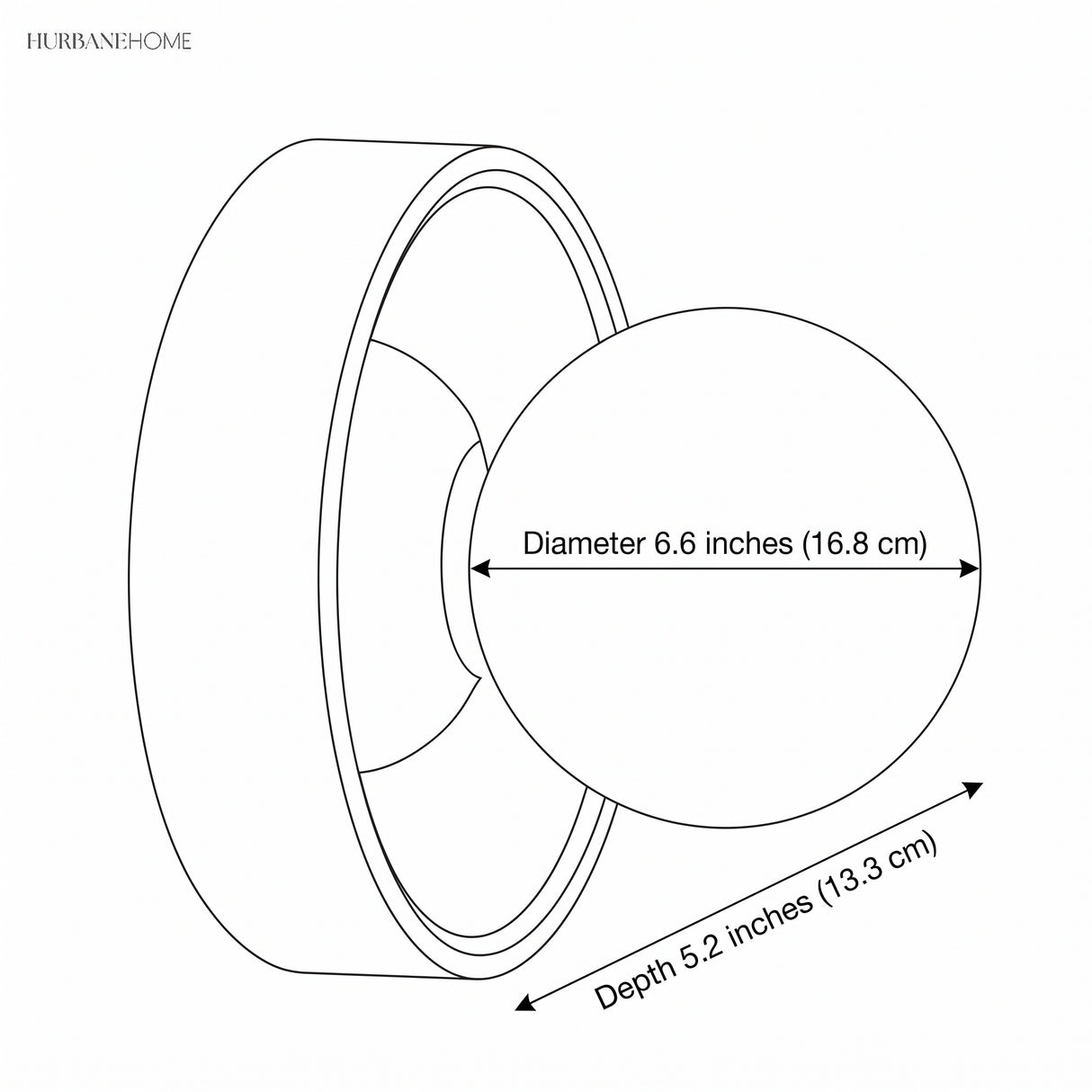 Line drawing of the orb wall sconce, 6.6 inch diameter and 5.2 inch depth