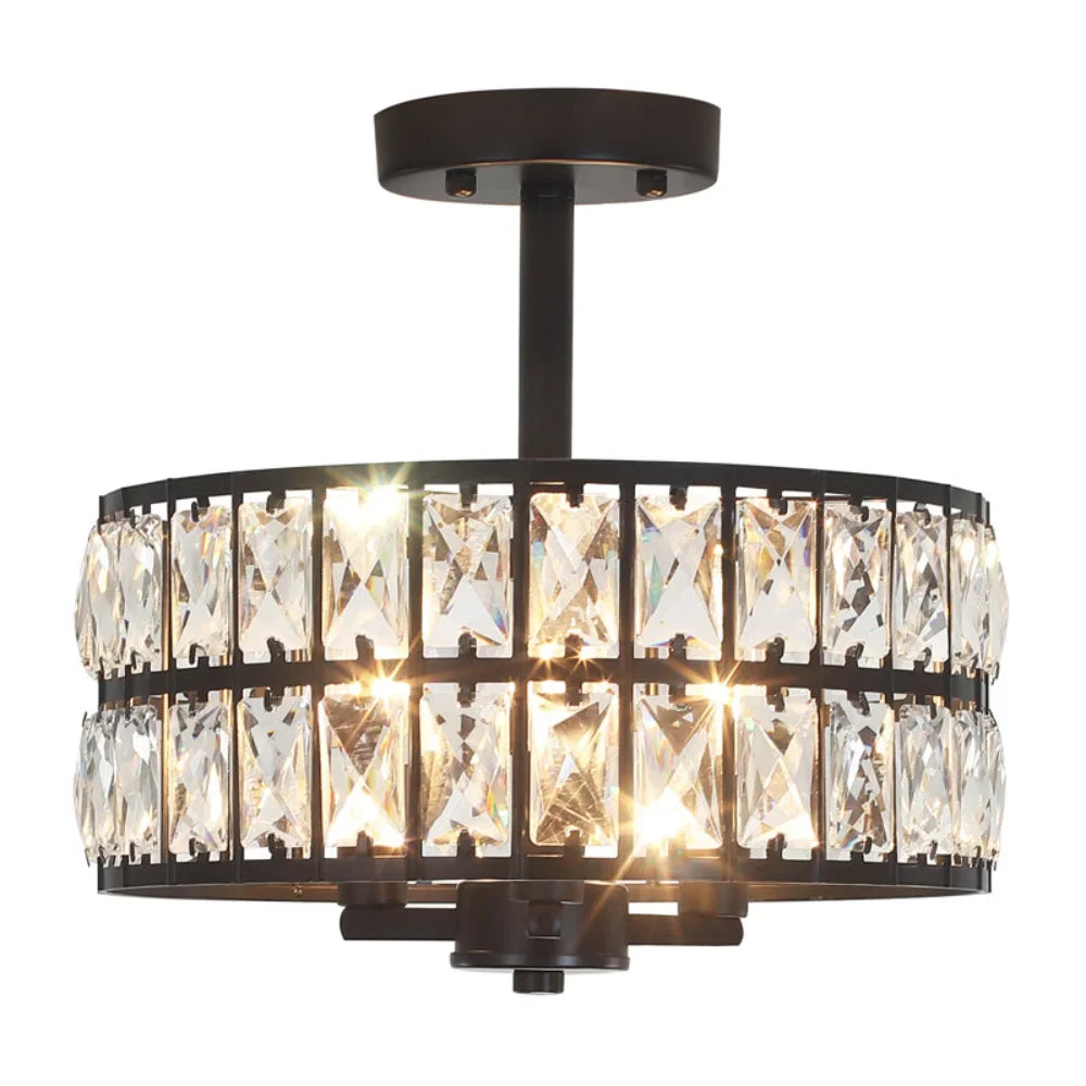 Eamon Luxury Carved Crystal Drum Semi Flush Chandelier Elegant Pendant Fixture