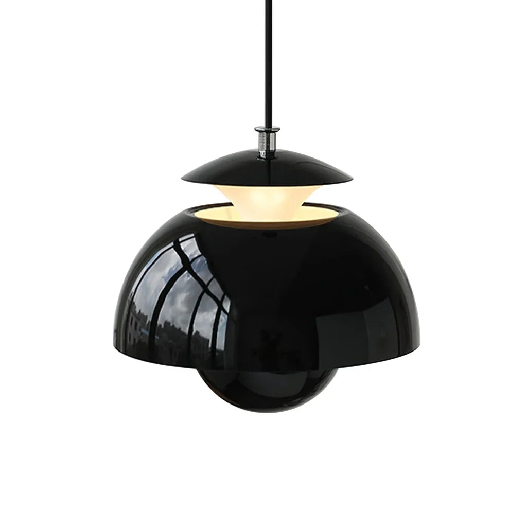 Black glossy metal bud pendant light on a white background