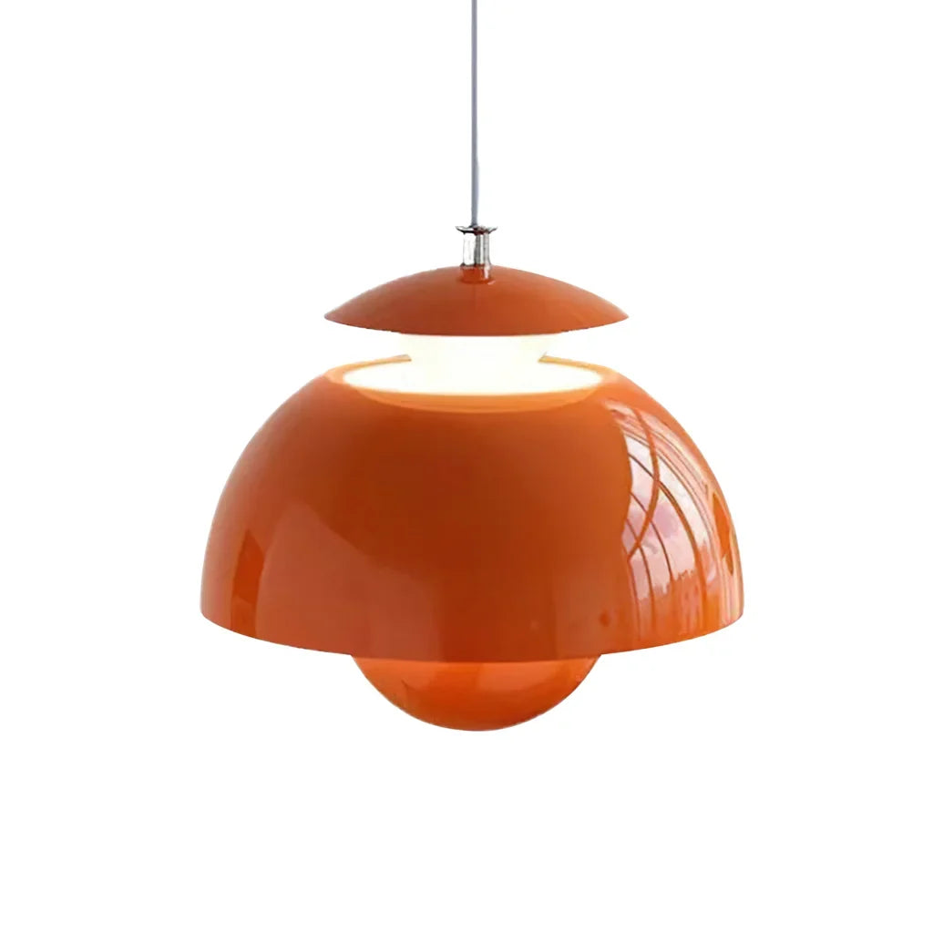 Orange glossy metal bud pendant light on a white background