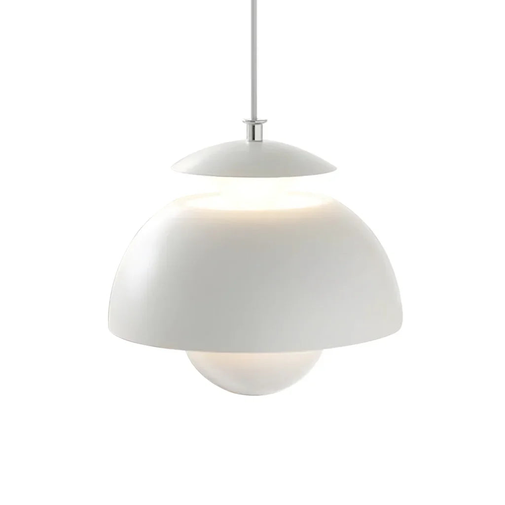 White glossy metal bud pendant light on a white background