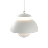 White glossy metal bud pendant light on a white background