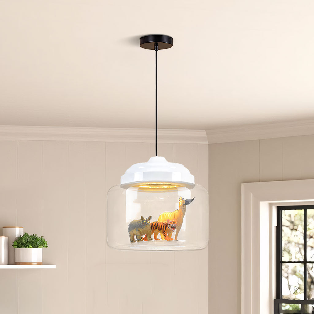 White-capped glass pendant holding tiger, rhino and antelope figures against a panelled wall