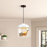 White-capped glass pendant holding tiger, rhino and antelope figures against a panelled wall