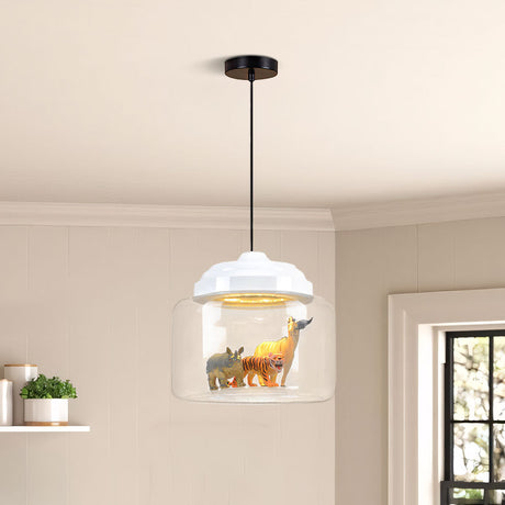 White-capped glass pendant holding tiger, rhino and antelope figures against a panelled wall