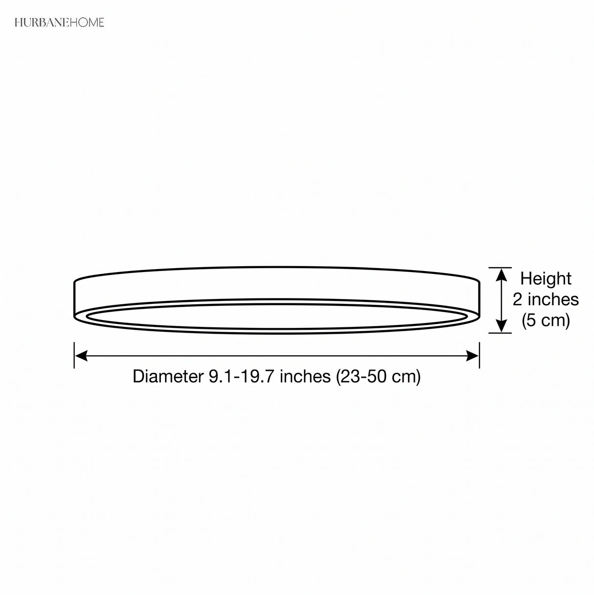 Dimension diagram: slim flush mount ceiling light, diameter 9.1 to 19.7 inches, height 2 inches