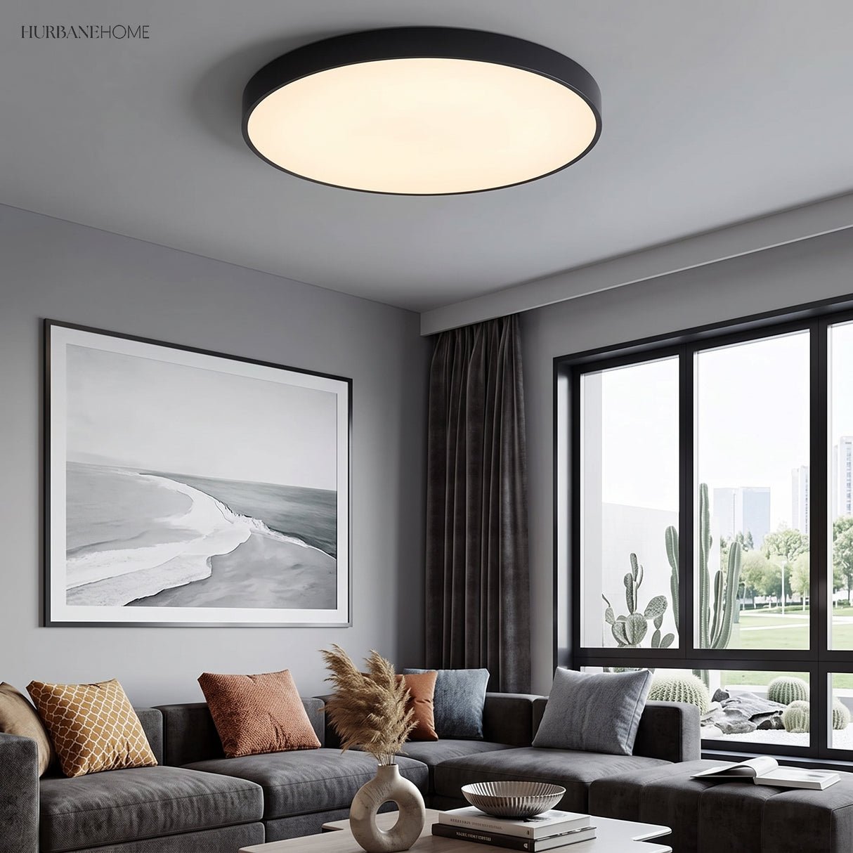 Black flush mount ceiling light above a grey sofa in a living room