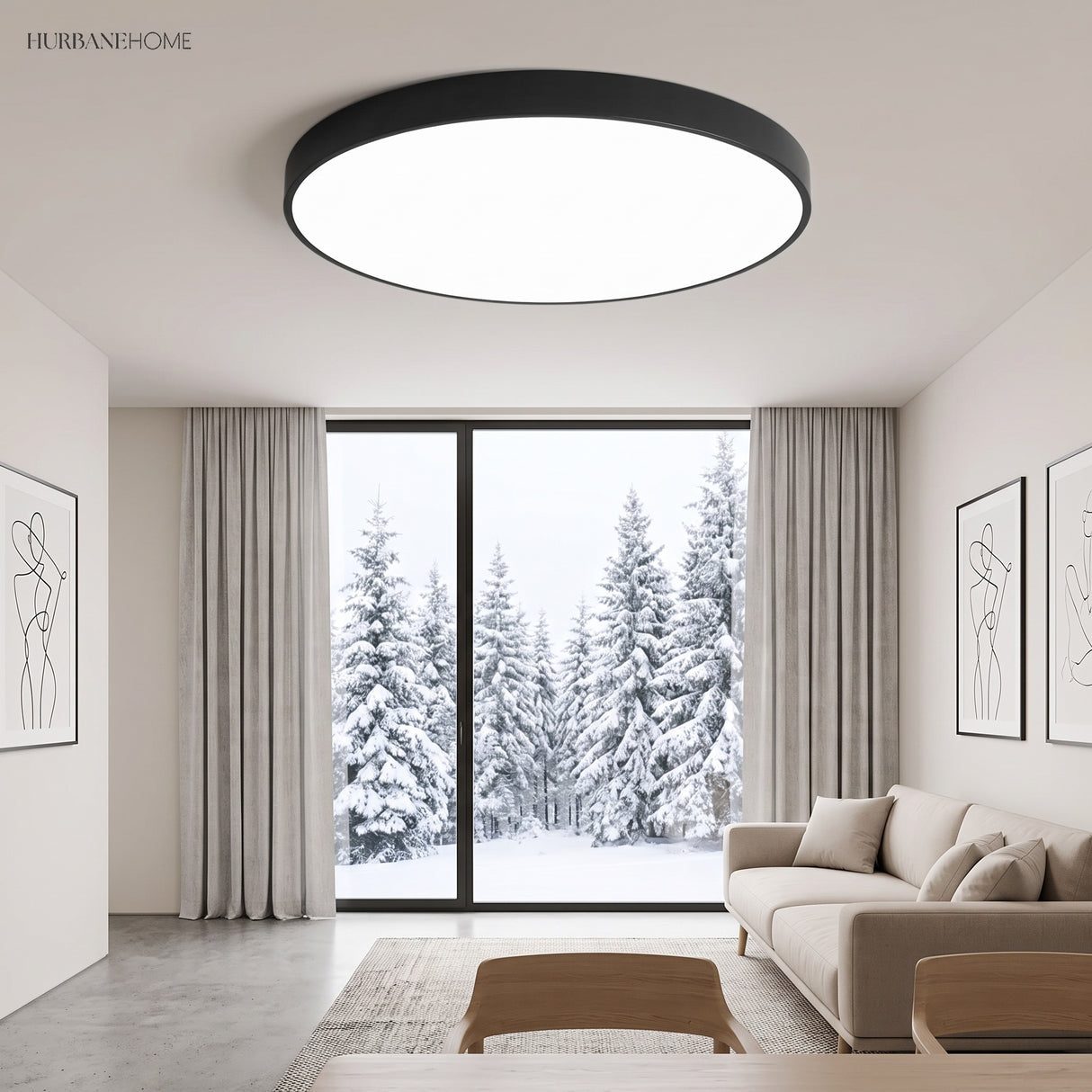 Black flush mount ceiling light in a living room with a snowy outlook