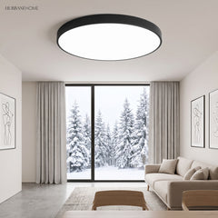 Black flush mount ceiling light in a living room with a snowy outlook