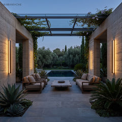 Linear lights along a covered terrace wall beside a pool and lounge seating