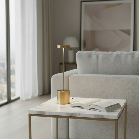 A modern gold table lamp with a cylindrical base and rectangular shade sits on a white marble-top side table in a bright, contemporary living room next to a light gray sofa.