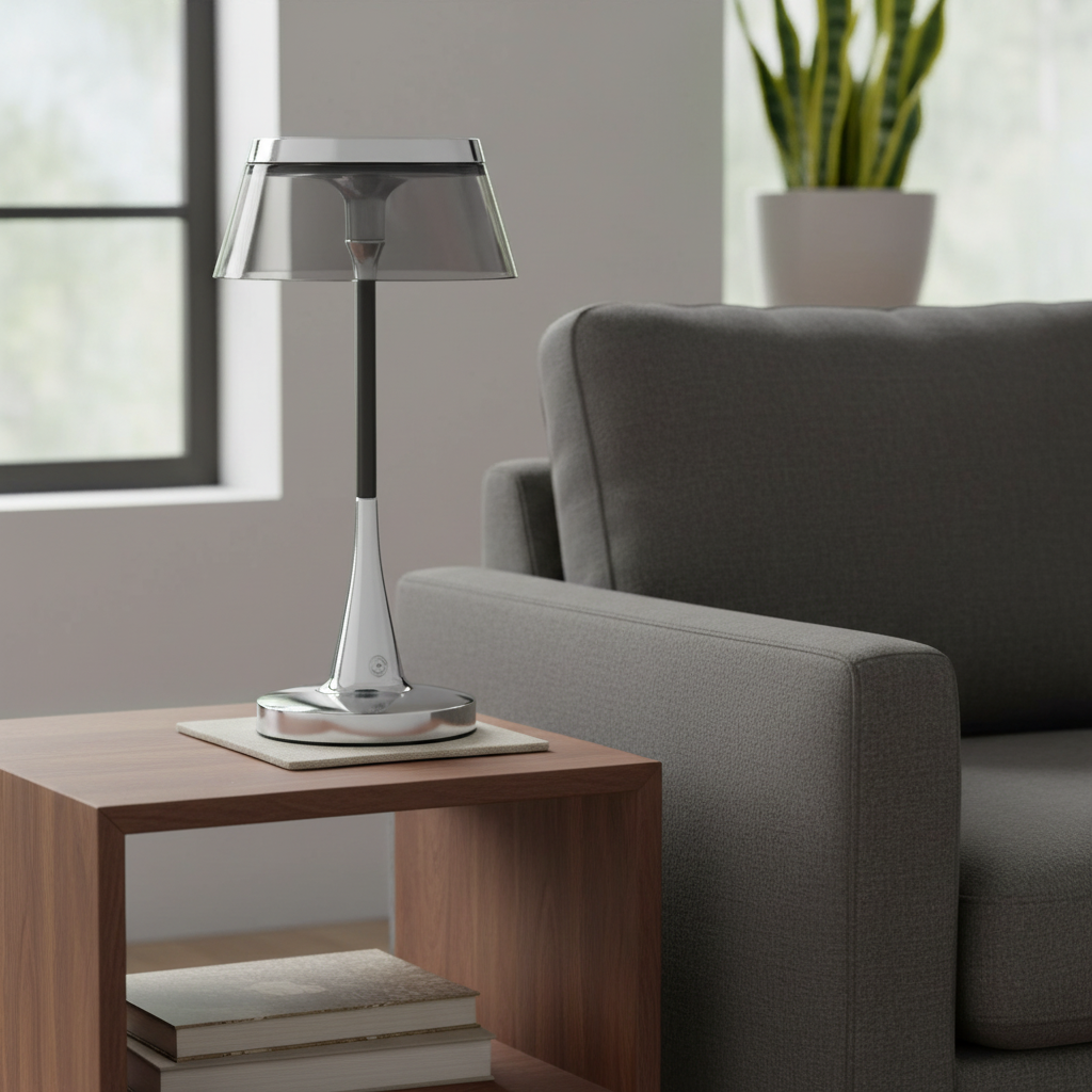A modern adjustable table lamp with a brushed silver metal shade and base, and a black central stem, sitting on a wooden side table next to a gray sofa in a living room setting.