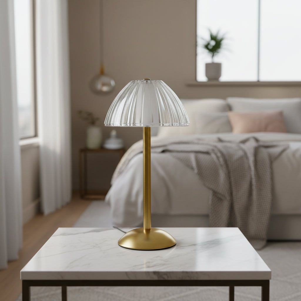 Table lamp with a brass base and clear glass shade on a white background