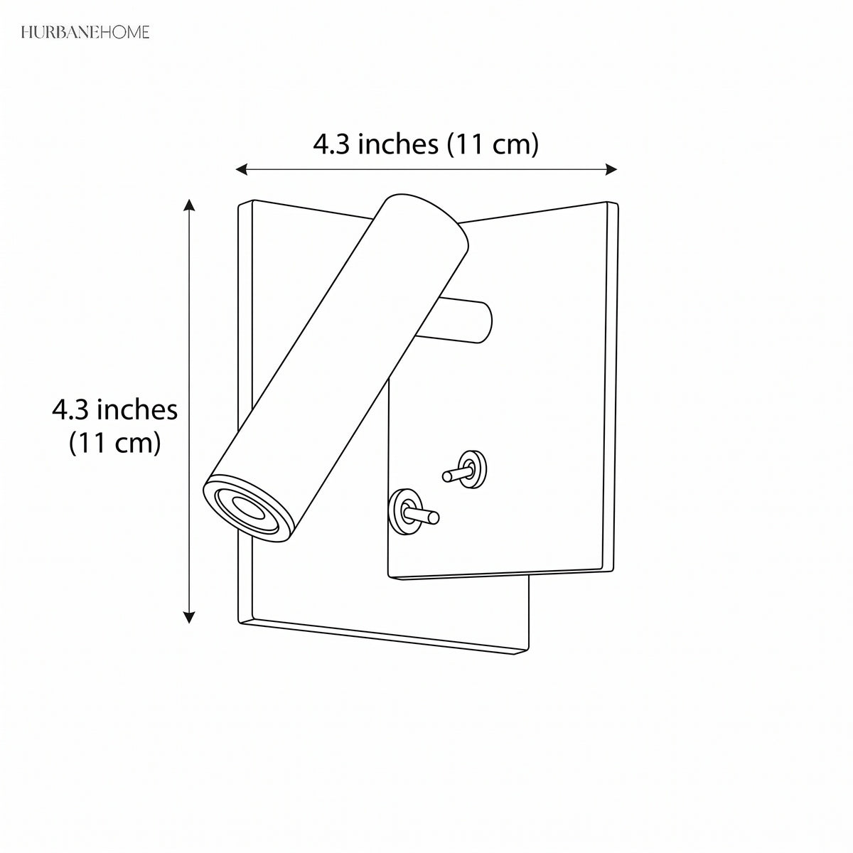 Line drawing of square wall sconce, 4.3 inch width by 4.3 inch height
