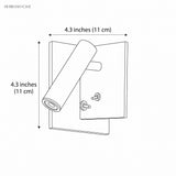 Line drawing of square wall sconce, 4.3 inch width by 4.3 inch height