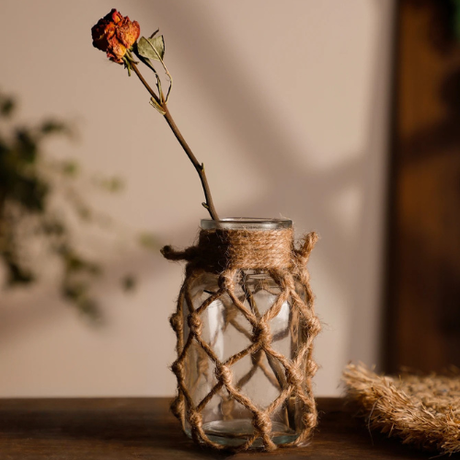 Hand-Woven Hemp Rope Glass Vase for Dry Flowers Boho Nordic