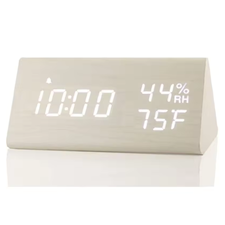 Smart LED alarm clock displaying time, temperature, and humidity