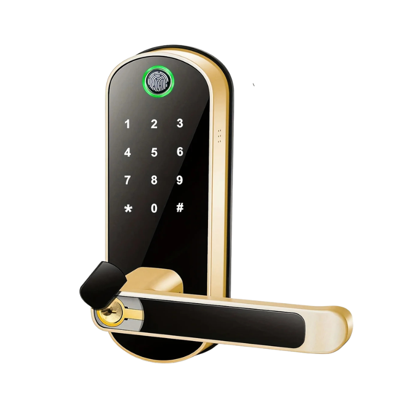 smart lock fingerprint sensor installed on modern entry door