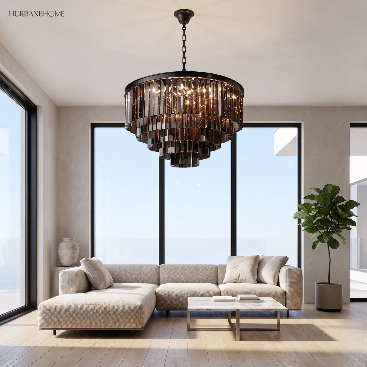Smoky grey crystal chandelier hanging in a bright modern living room above a sofa