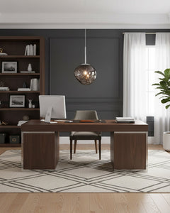Smoky grey molten pendant hanging above a desk in a dark panelled home office