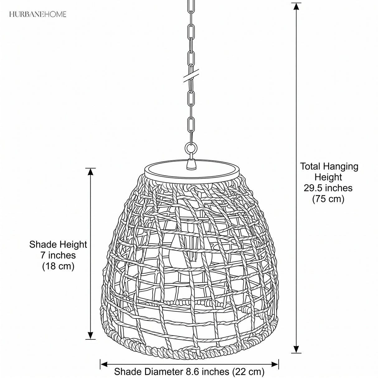 Drawing showing shade diameter 8.6 inches and total hanging height 29.5