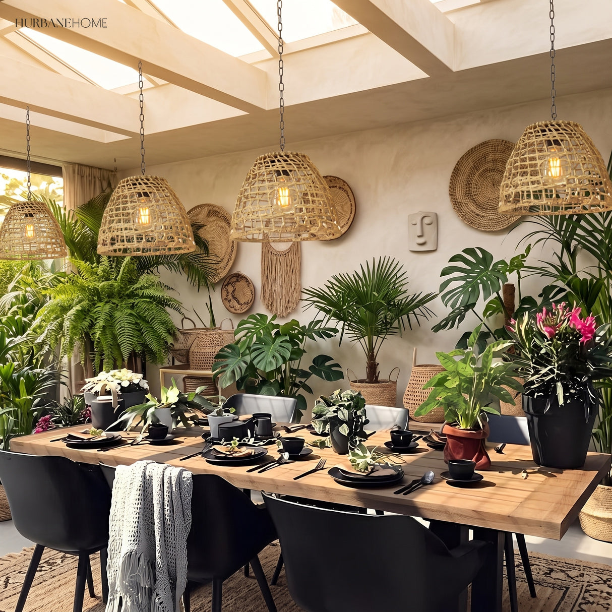 Woven lanterns suspended from a pergola over garden seating