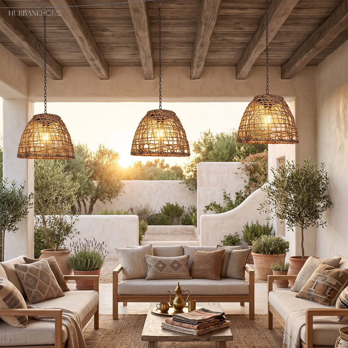 Rattan and dark iron mesh bell shades shown side by side