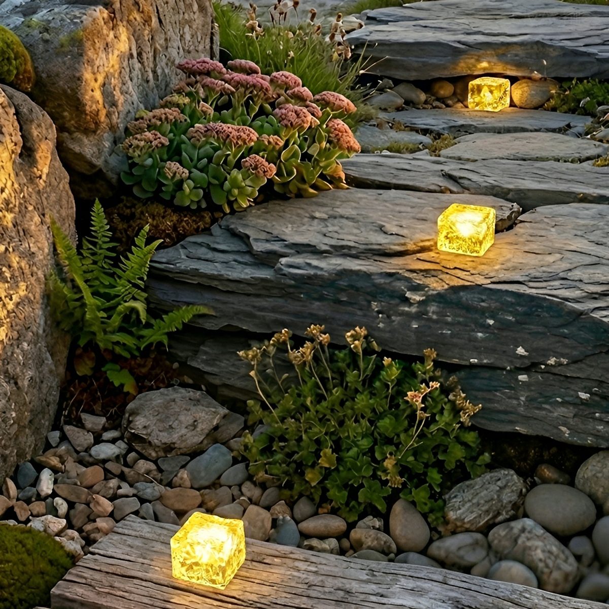 Warm white and blue cube lights among rocks and low planting on a slope