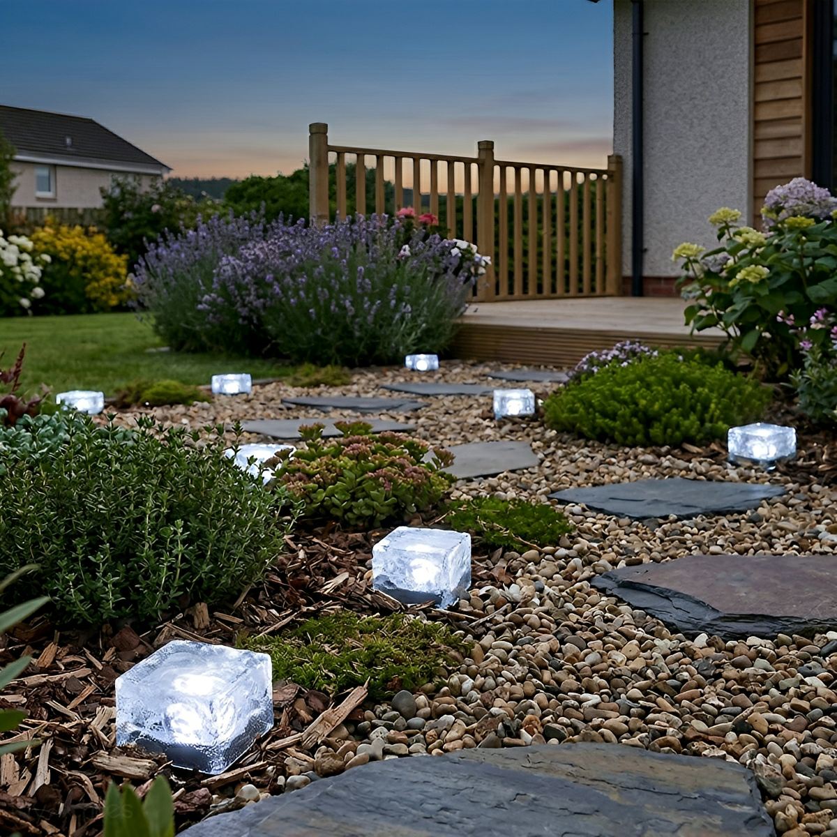 White cube lights edging a gravel border in a suburban back garden at dusk