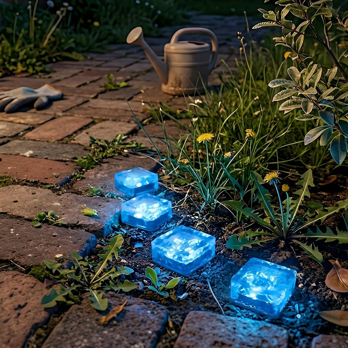 Blue cube lights set between brick pavers with a watering can nearby