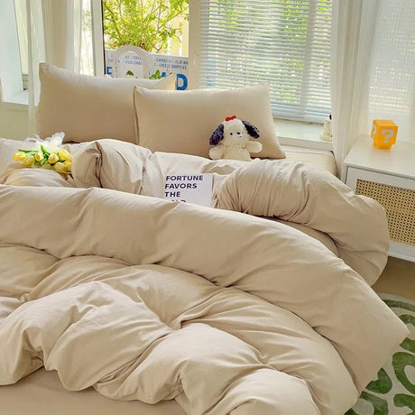 Solid Cotton Bed Linen - 4 - Piece Cotton Sheet Set with Duvet Cover - Hurbane Home