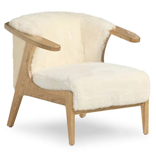 Sculptural solid oak upholstered chair with soft sheepskin seat