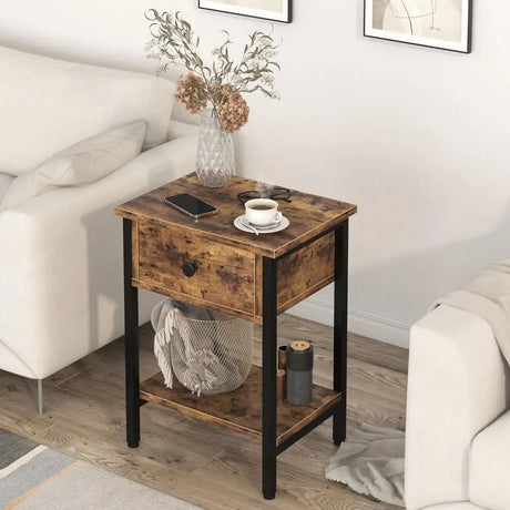 Solid wood nightstand pair styled beside bed