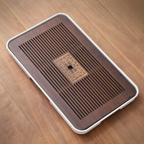 Solid wood tea tray with drawer storage and water drainage