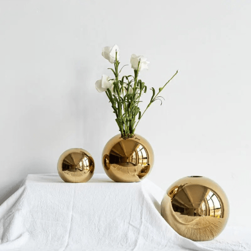 Spherical Vase – Gold Plated Ceramic Tabletop Flower Display Decor - Hurbane Home