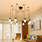 Spider chandelier with cables spread across a living room ceiling