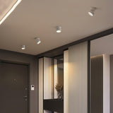 Spot lights on an entrance hall ceiling above a door and a tall mirror