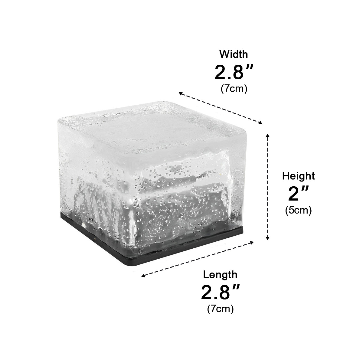 Dimension drawing of the cube marked 2.8 inches square and 2 inches high