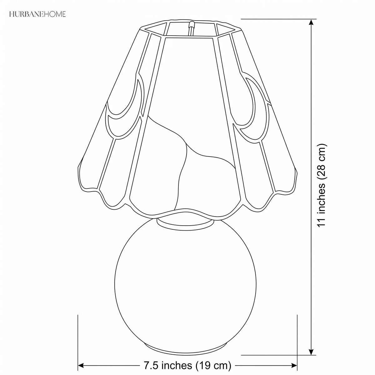 Dimension drawing of the scalloped shade at 11 inches high and 7.5 inches wide