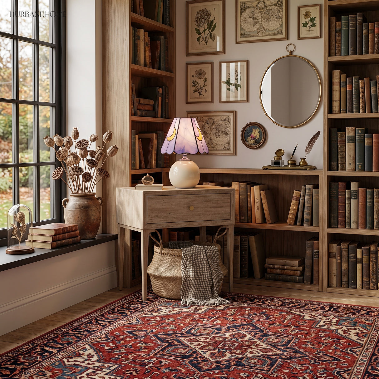 Small glass lamp on a desk below framed botanical prints and a round mirror
