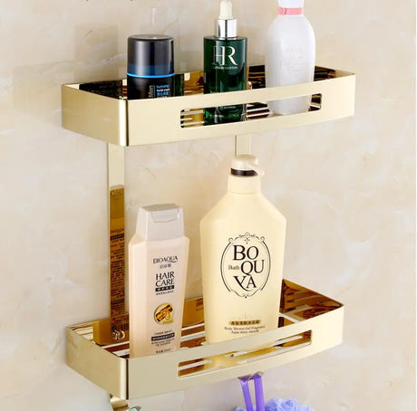 Stainless steel shampoo rack mounted on wall with open drainage