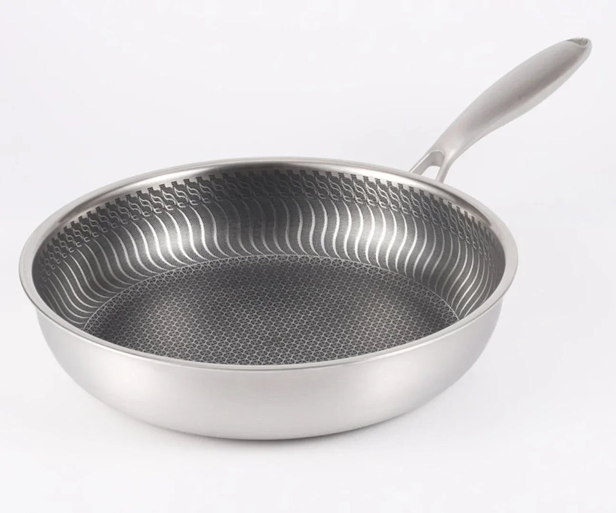 Stainless steel nonstick wok style frying pan with ergonomic handle